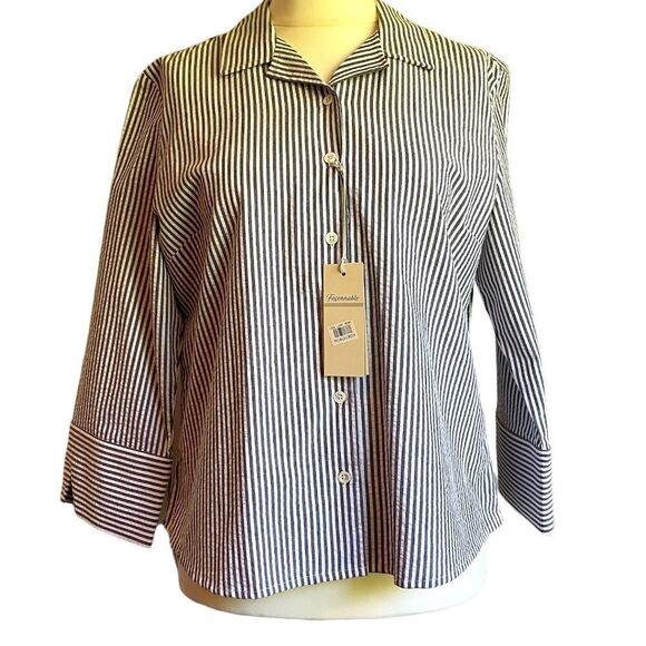 0166 Faconnable Seersucker Striped Button Down Shirt Size L Blouse NWT - Picture 1 of 10